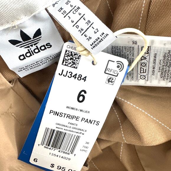 Adidas Women's Warm Sandstone Off White Pinstripe Twill Loose Pants Size 6 - Picture 9 of 11